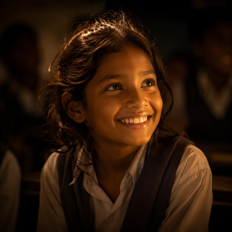 Amara, an eleven-year-old student, smiling in warm light
